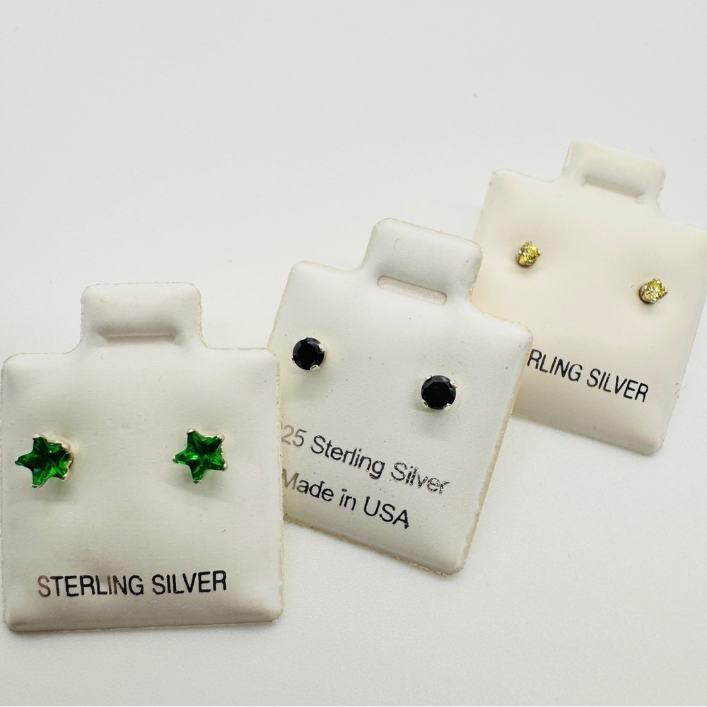 3 Pairs of Sterling Silver Star and Round CZ Stud Earrings Bundle